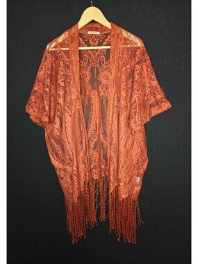 💙 Emerette Rust Lace Oversized Kimono Cardigan L/XL Fringe Boho Duster Western